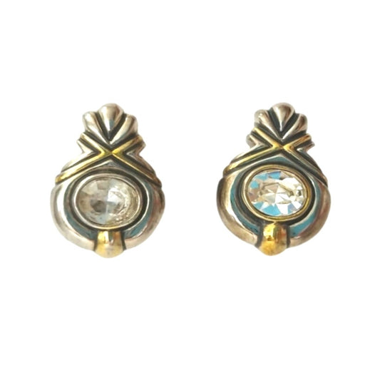 Vintage John Candice JC Oval Crystal Stud Earrings Silver Gold Tone Omega Clip