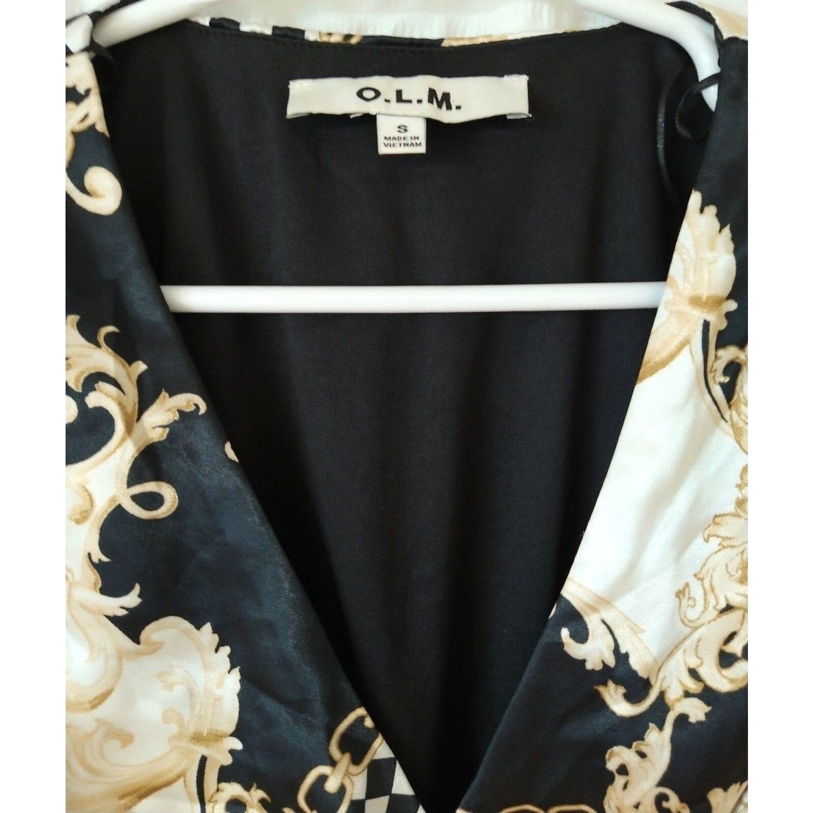 O.L.M. black white gold chess long sleeve Blouse top with bow S