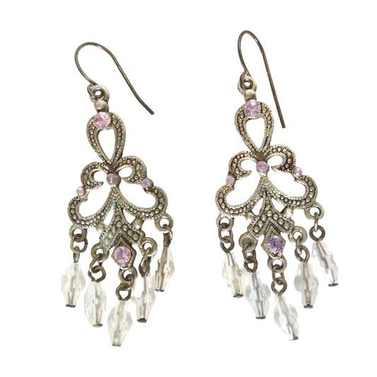 Vintage Oval Cut Pink Rhinestones Dangle Chandelier Earrings Silver Tone Hook