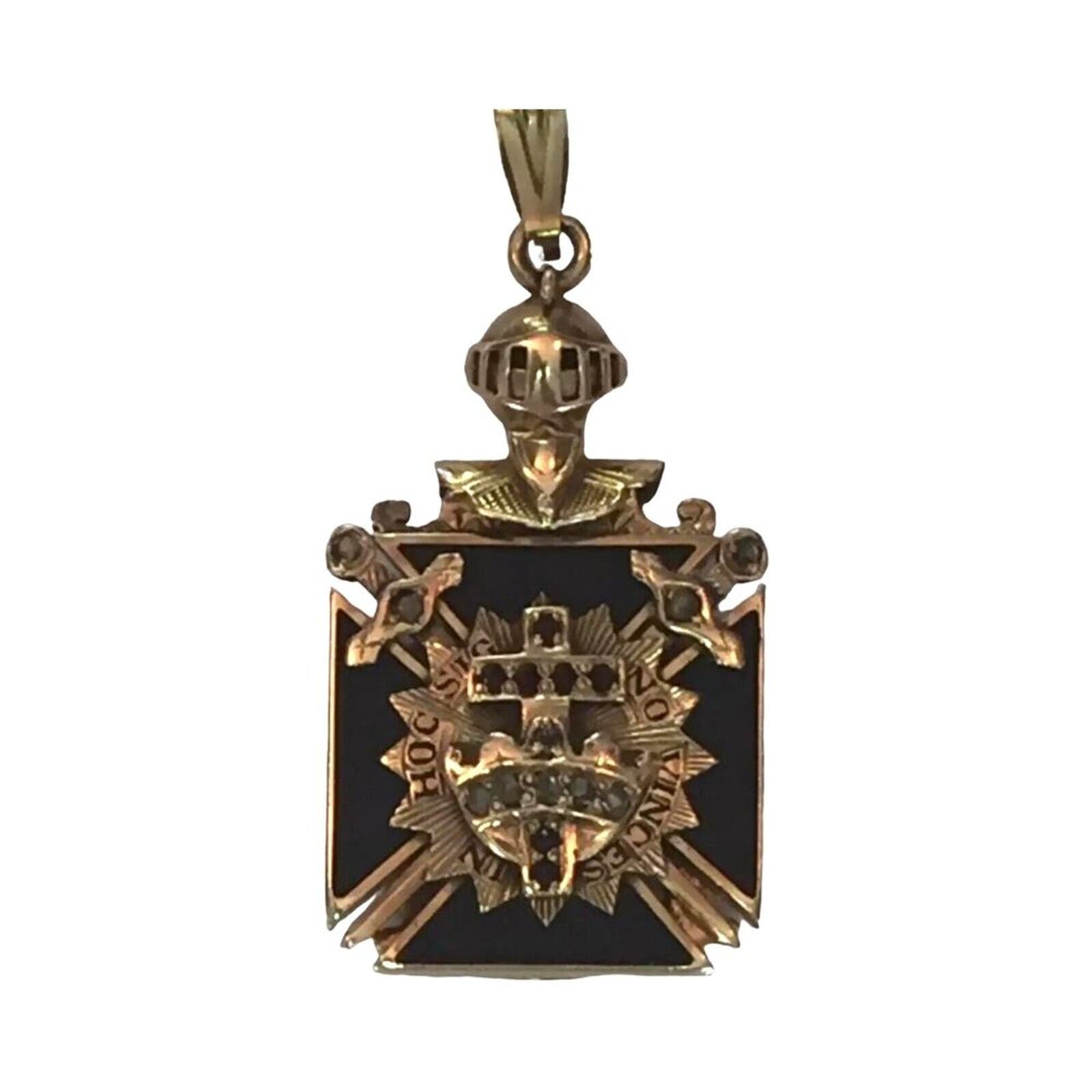 Antique Masonic Knight 32nd Degree Diamonds Onyx 14K Gold Pendant Medallion