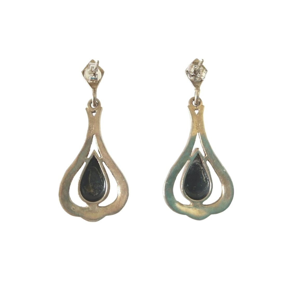 Black Onyx Marcasite Teardrop Dangle Earrings Sterling Silver 925 Screw Back