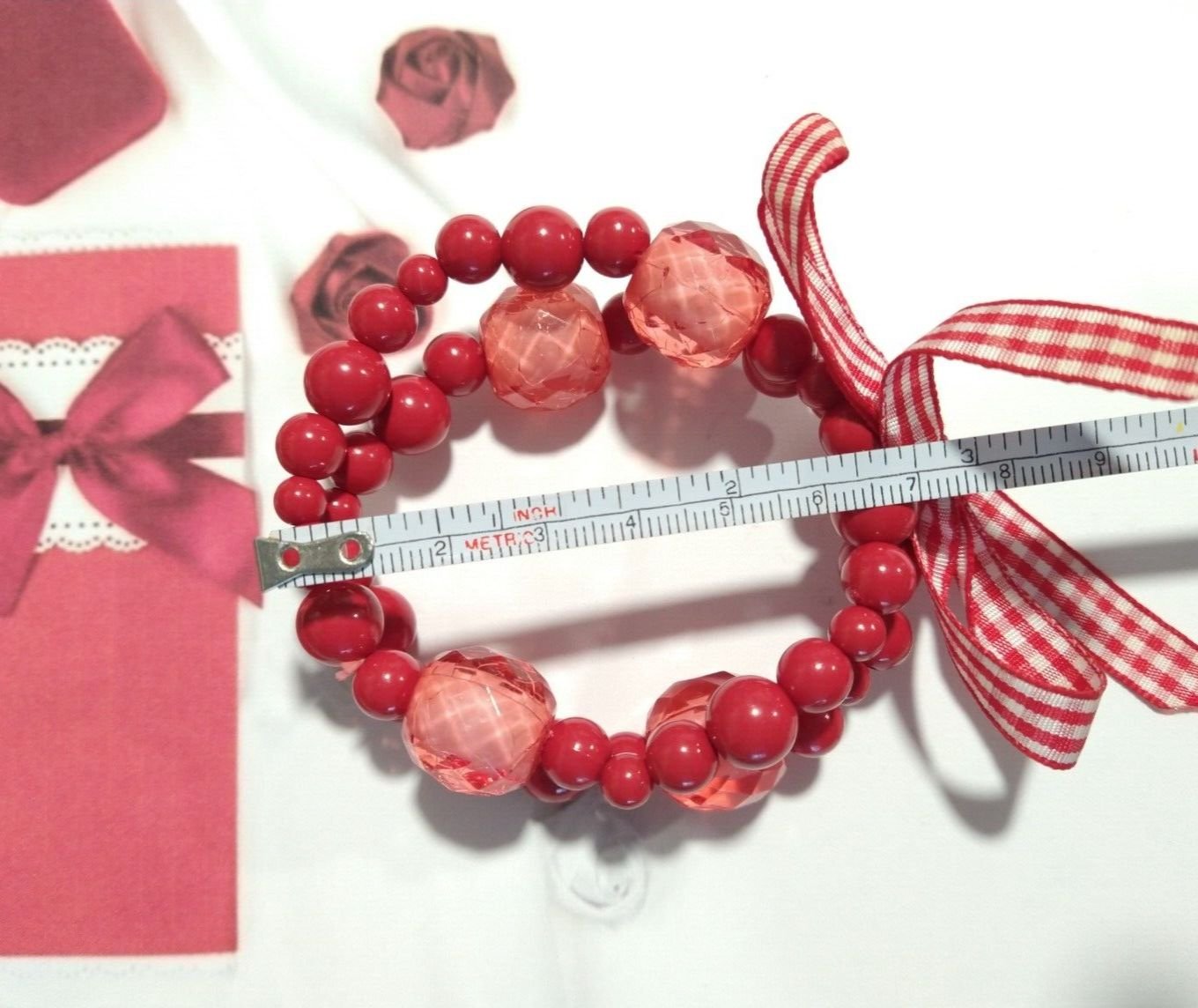 Red White Ribbon Two Layered Red Beads Adjustable Bracelet Stretch