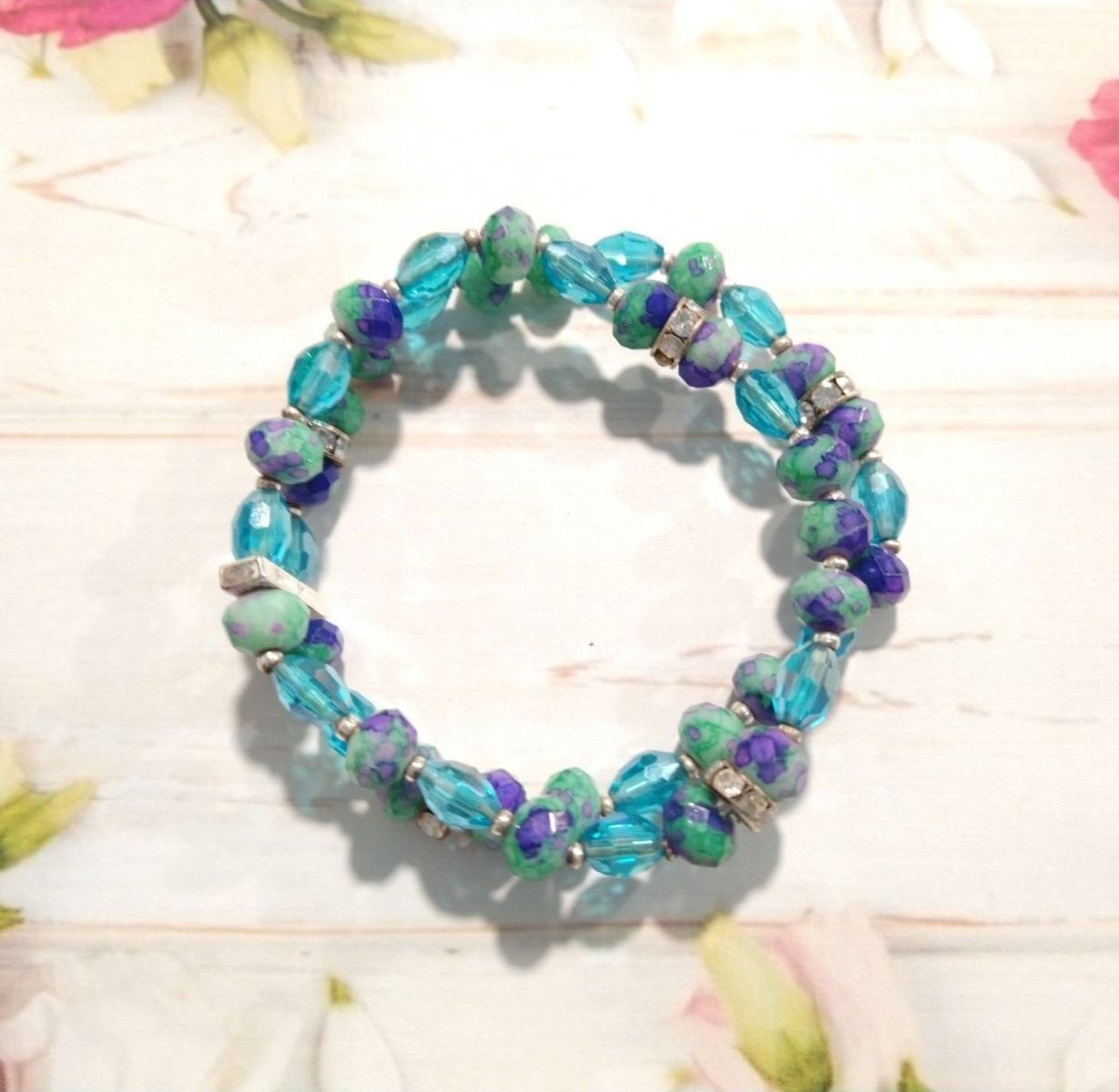 Aqua Blue Purple Beads Two Layered Bracelet Stretch Beaded