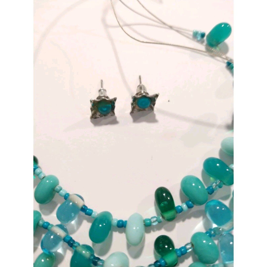 Aqua Blue Green Beaded Layered Necklace & Stud Earrings Set Art Glass Lampwork