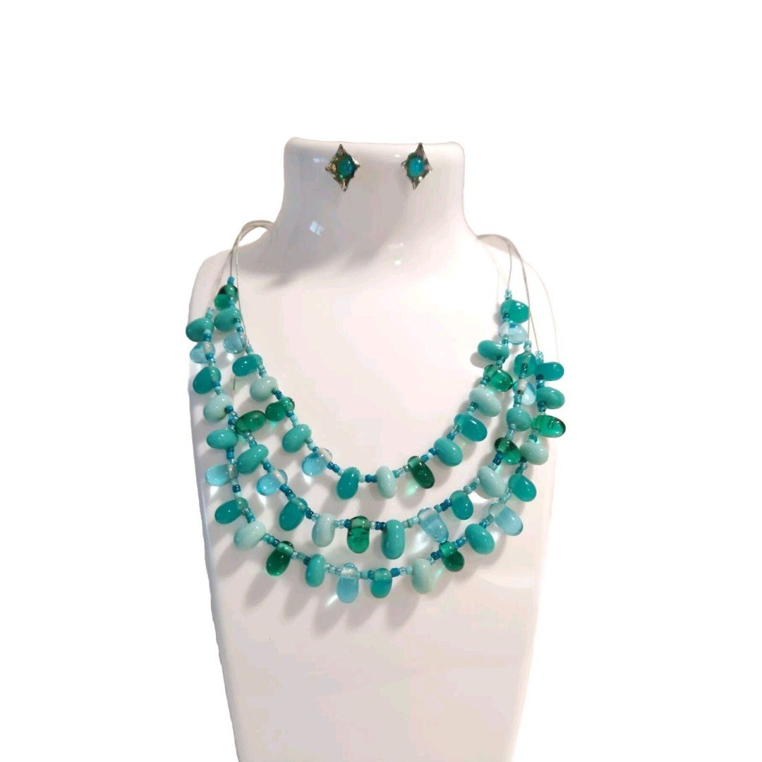 Aqua Blue Green Beaded Layered Necklace & Stud Earrings Set Art Glass Lampwork