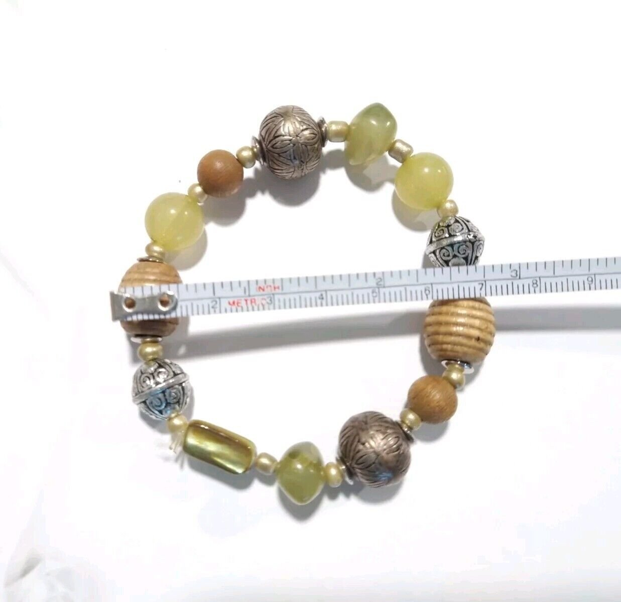 Semi Precious Stone Light Green Beaded Stretch Bracelet Wood Silver Tone