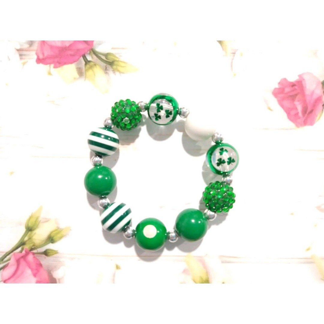 St Patrick's Day Shamrock Clover Irish Beaded Bracelet Stretch Green Plastic