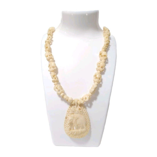 Vintage MCM Hand Carved Elephants Necklace Pendant Resin Handmade
