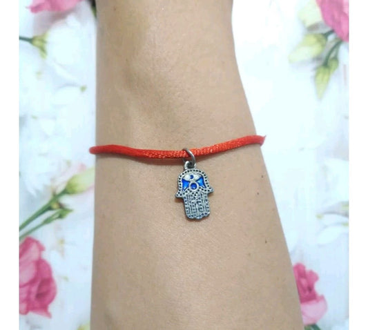 Hamsa Evil Eye Dainty Charm Bracelet with Kabbalah Red String Silver Tone