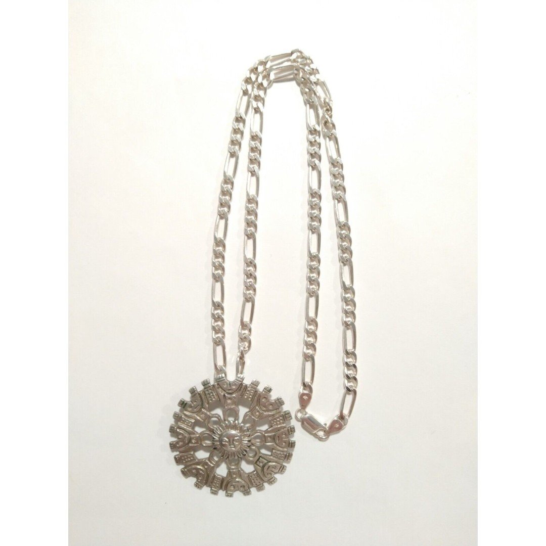 Vtg Solid Large Sun Aztec 925 Sterling Silver Pendant Figaro Necklace Italy
