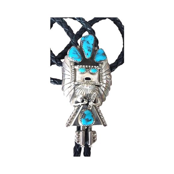 Kachina Men's Bolo Tie Turquoise Sterling Silver Hopi Native American Indian
