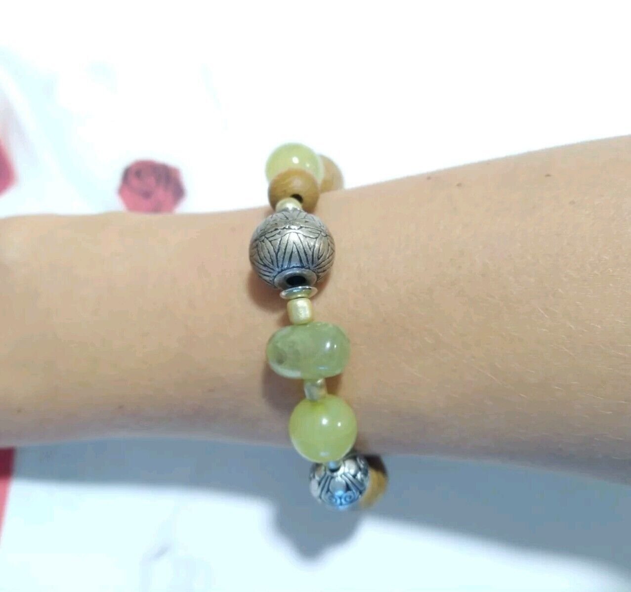 Semi Precious Stone Light Green Beaded Stretch Bracelet Wood Silver Tone