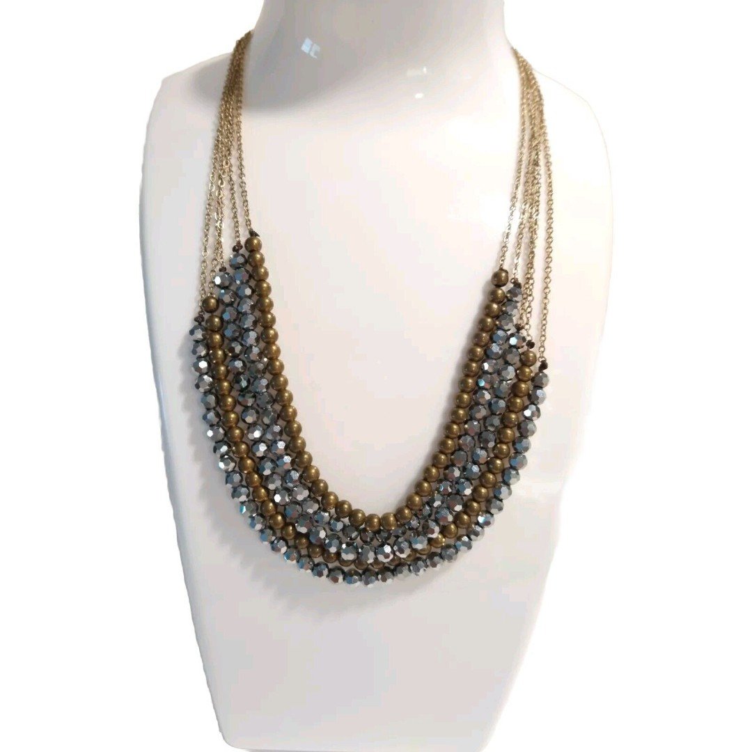 Gray & Brass Multi Strand Bead and Gold Tone Chain Beaded Necklace