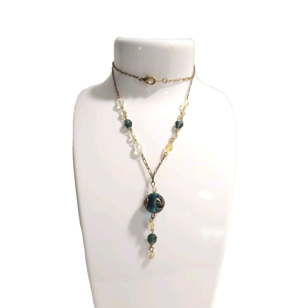 Blue Clear Swirl Art Glass Crystal Beads Y Lariat Necklace By Korea Adjustable