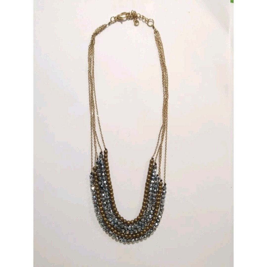 Gray & Brass Multi Strand Bead and Gold Tone Chain Beaded Necklace