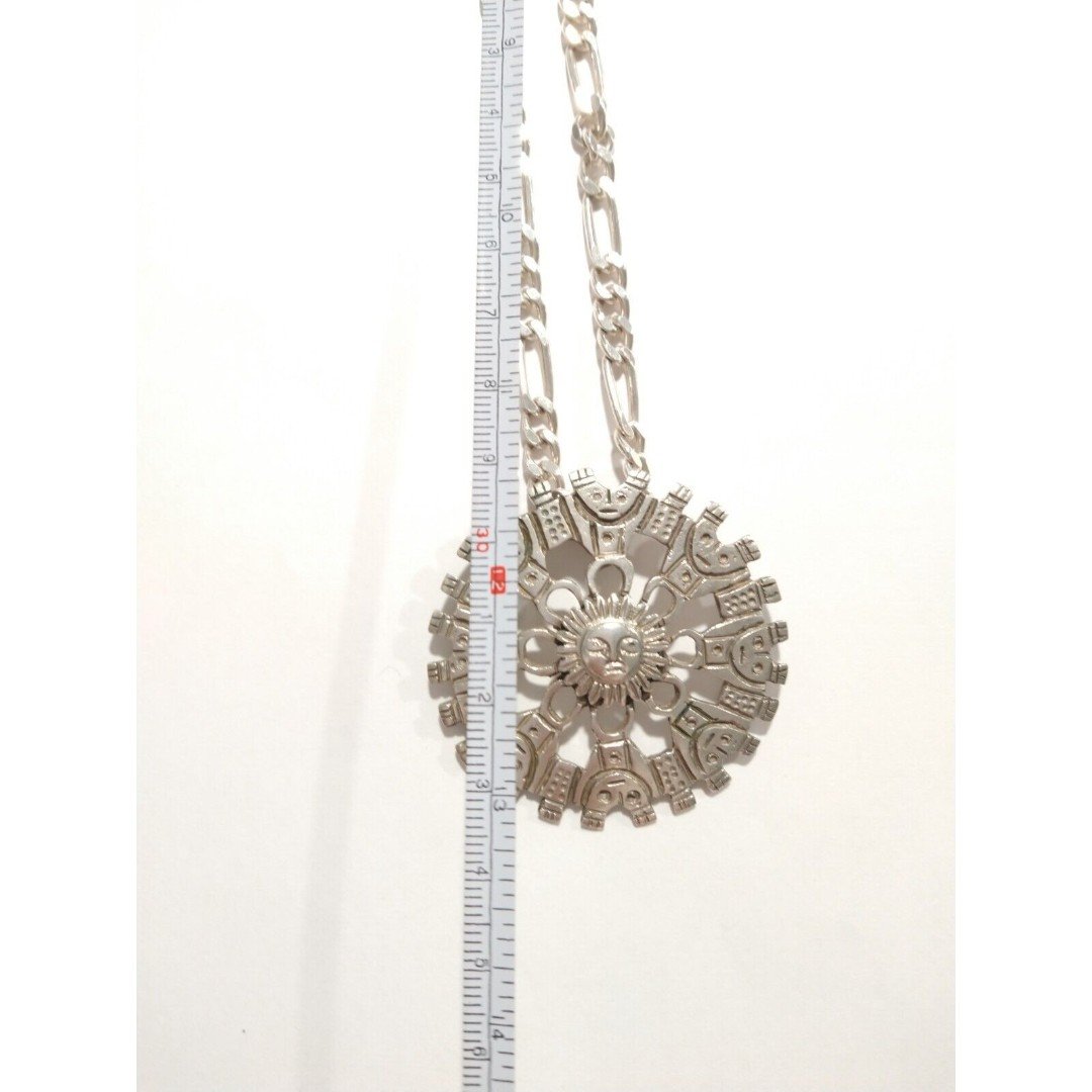 Vtg Solid Large Sun Aztec 925 Sterling Silver Pendant Figaro Necklace Italy
