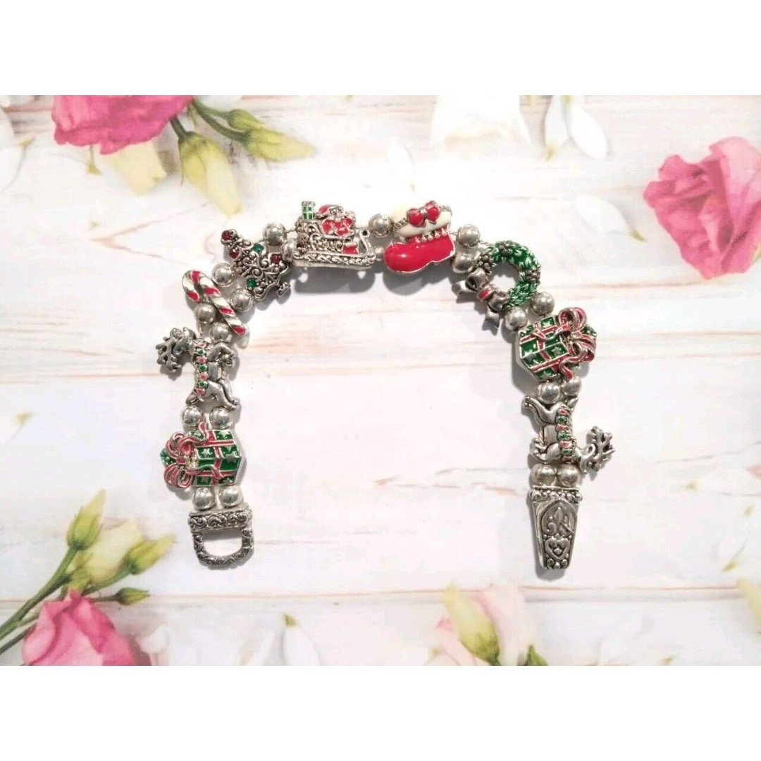 Vtg Enamel Christmas Slide Charm Bracelet Snowman Reindeer Wreath Silver Tone
