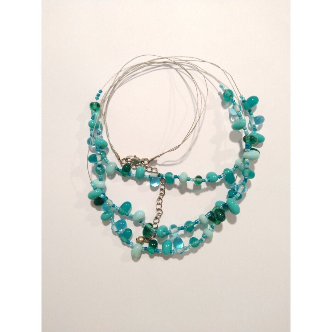 Aqua Blue Green Beaded Layered Necklace & Stud Earrings Set Art Glass Lampwork