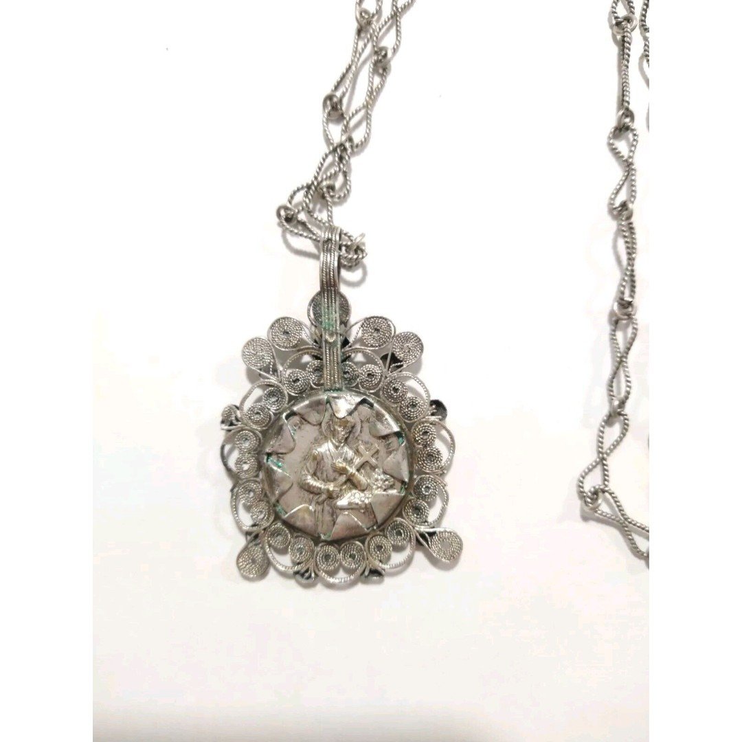 Antique Madonna w Jesus Pendant Medallion Necklace Sterling Religious Victorian