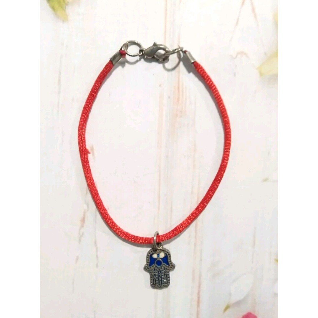 Hamsa Evil Eye Dainty Charm Bracelet with Kabbalah Red String Silver Tone