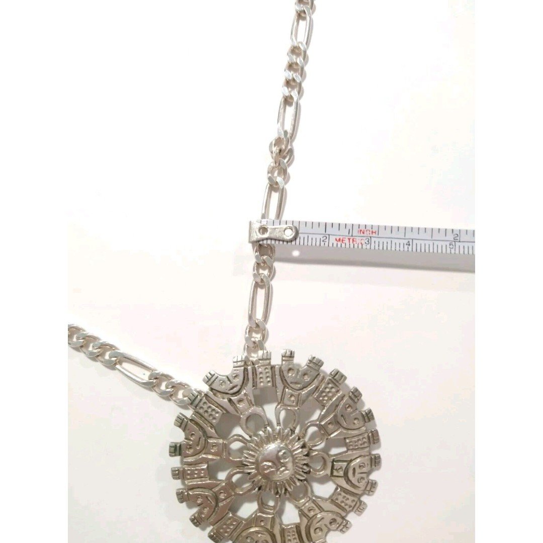Vtg Solid Large Sun Aztec 925 Sterling Silver Pendant Figaro Necklace Italy