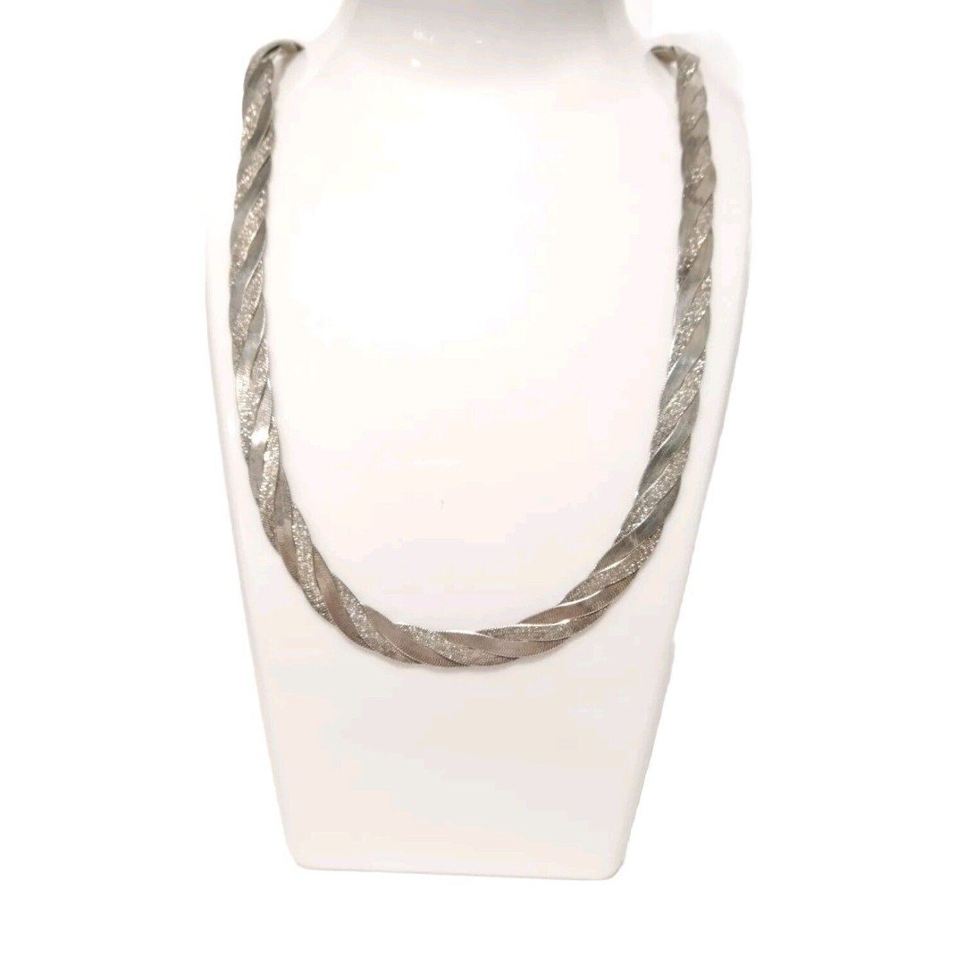 Vintage Heavy 925 Sterling Silver Italy Braided Herringbone Necklace 22.25"