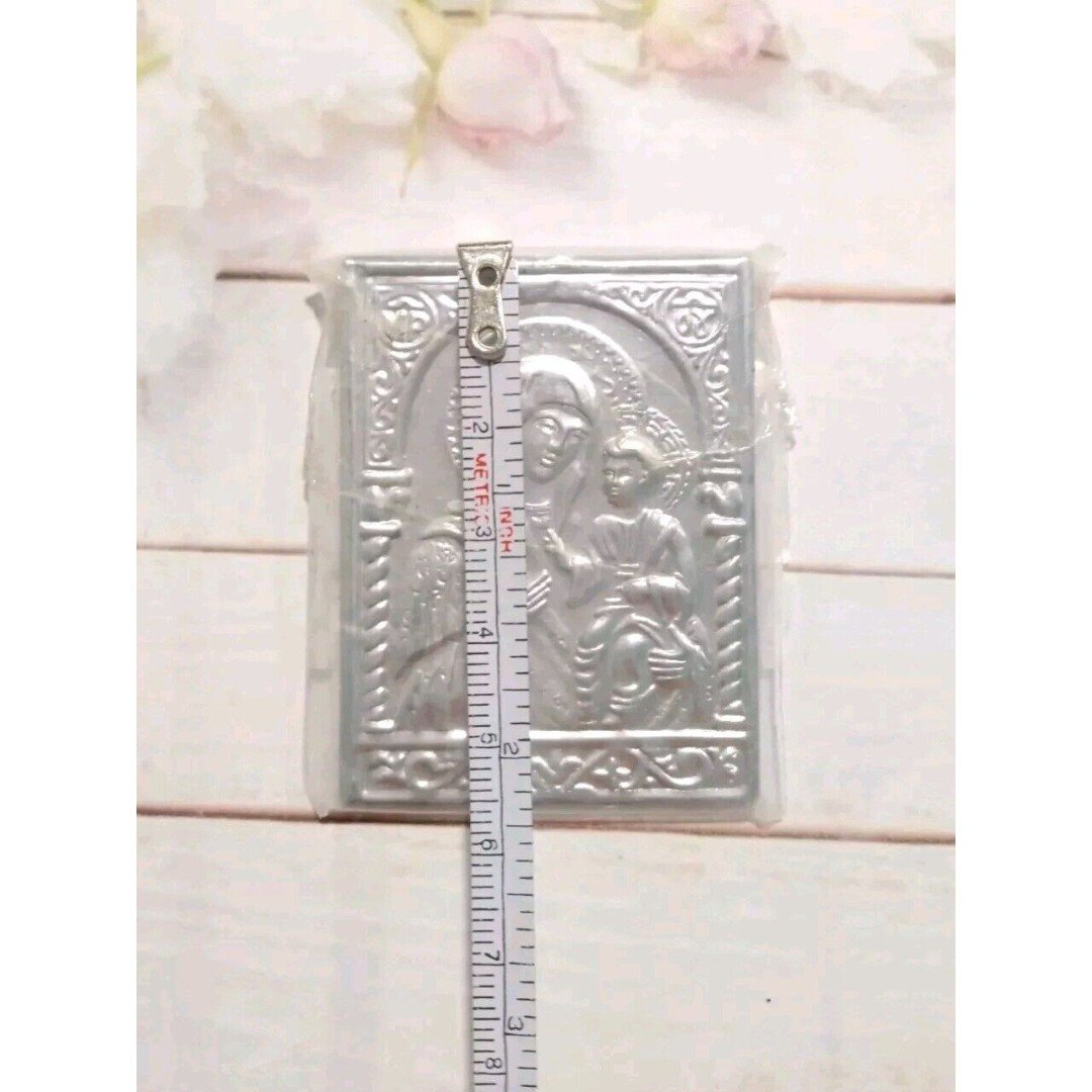 Orthodox Madonna Virgin Mary Baby Jesus Silver-Tone Wallet Icon Plaque Hilandar