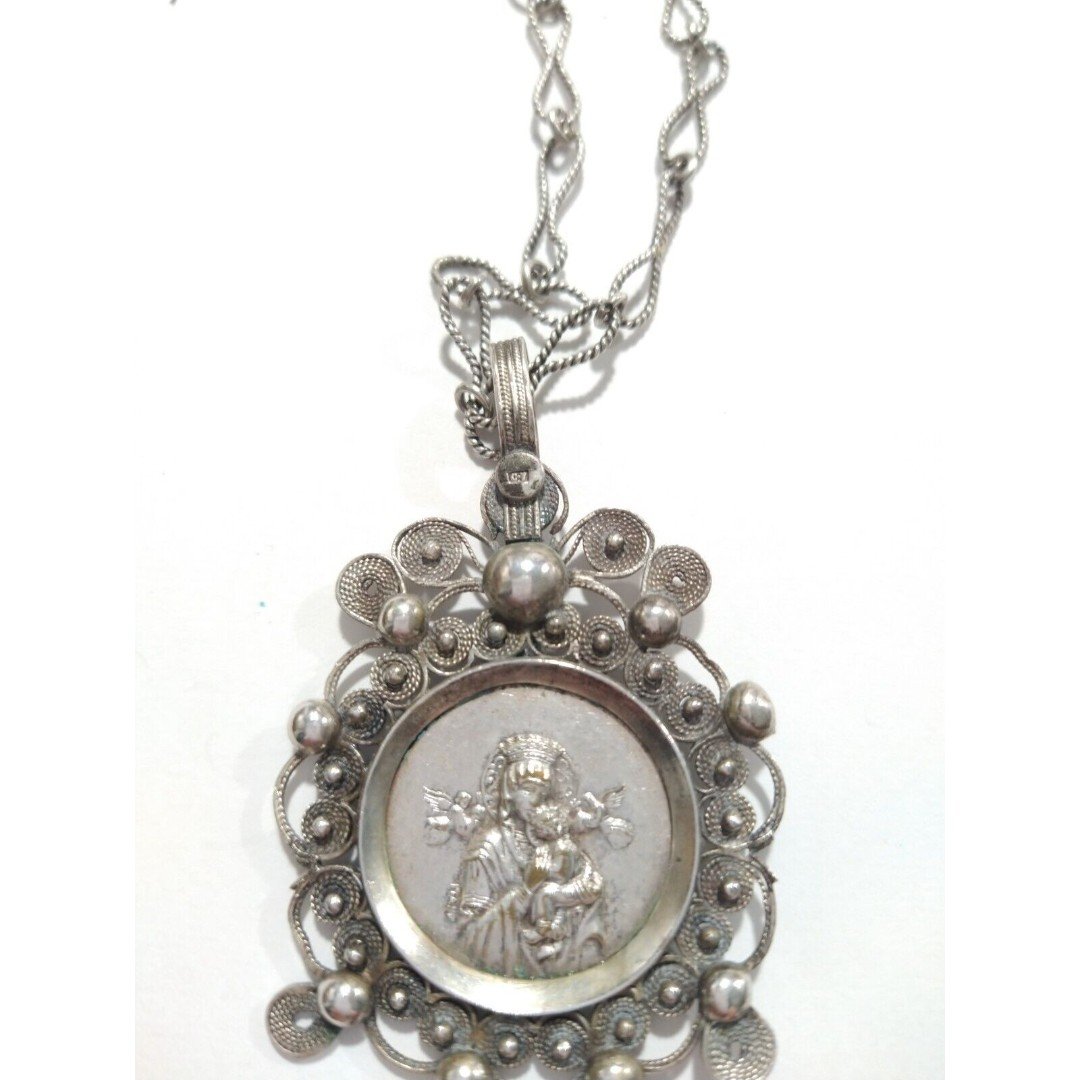 Antique Madonna w Jesus Pendant Medallion Necklace Sterling Religious Victorian