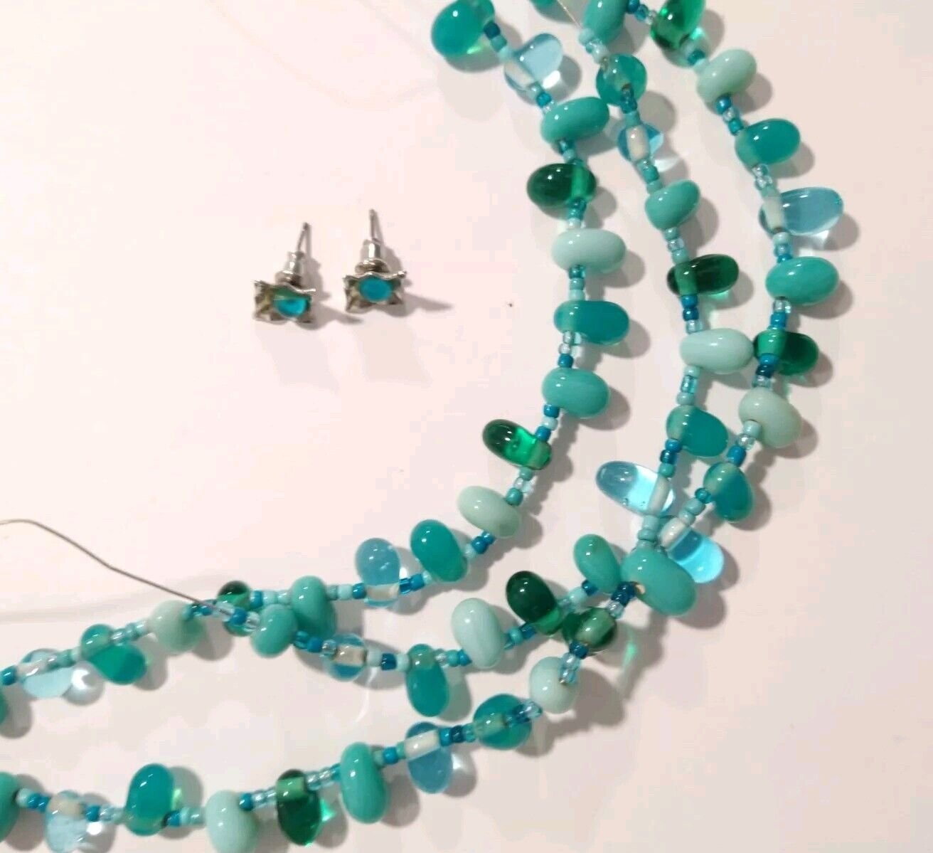 Aqua Blue Green Beaded Layered Necklace & Stud Earrings Set Art Glass Lampwork
