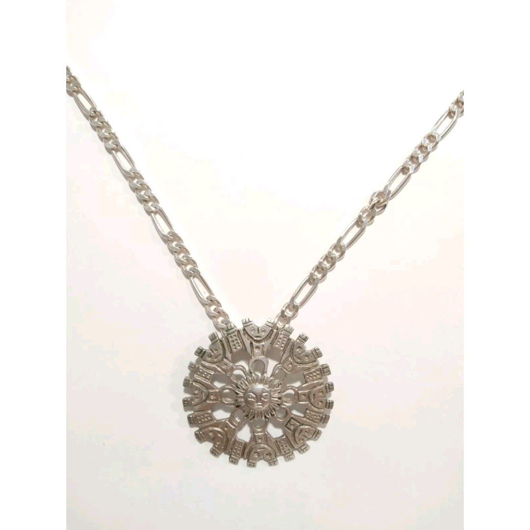 Vtg Solid Large Sun Aztec 925 Sterling Silver Pendant Figaro Necklace Italy