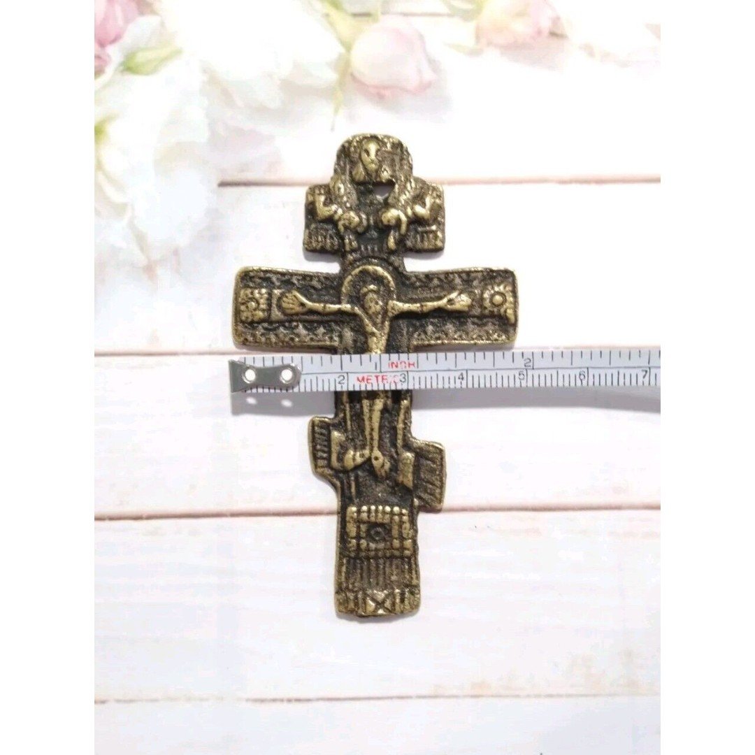 Antique Brass Russian Orthodox Cross Jesus Christ Great Patina