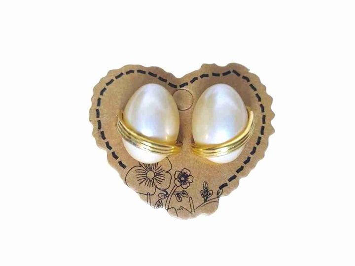 Vintage 14K Gold Plated Oval Pearl Stud Earrings Womens