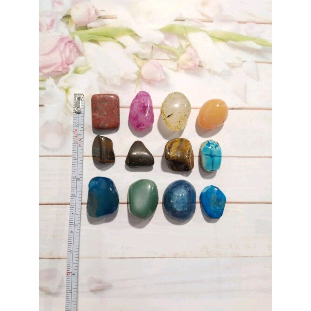 Mixed Lot 12 Semi Precious Raw Stones Tiger Eye Turquoise Beetle Colorful
