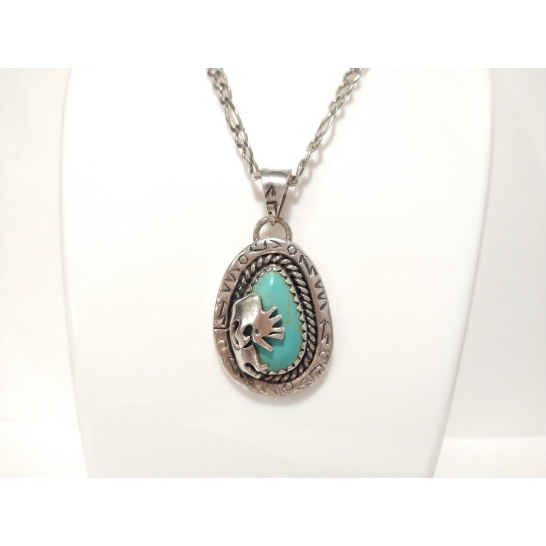 Vtg Native American Sterling Silver Kokopelli Turquoise Pendant Chain Necklace