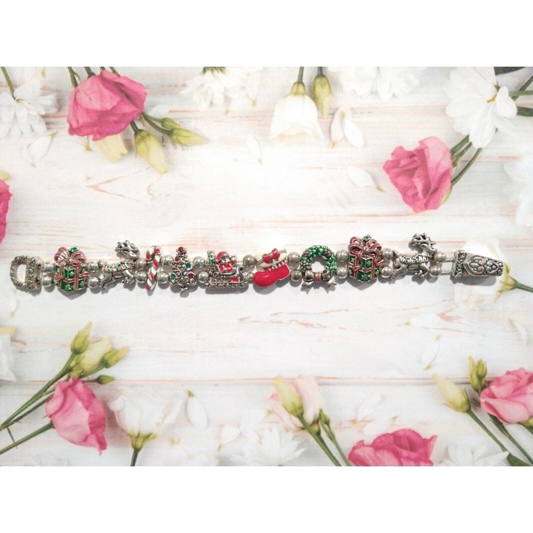 Vtg Enamel Christmas Slide Charm Bracelet Snowman Reindeer Wreath Silver Tone