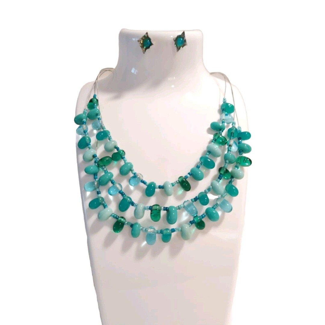 Aqua Blue Green Beaded Layered Necklace & Stud Earrings Set Art Glass Lampwork
