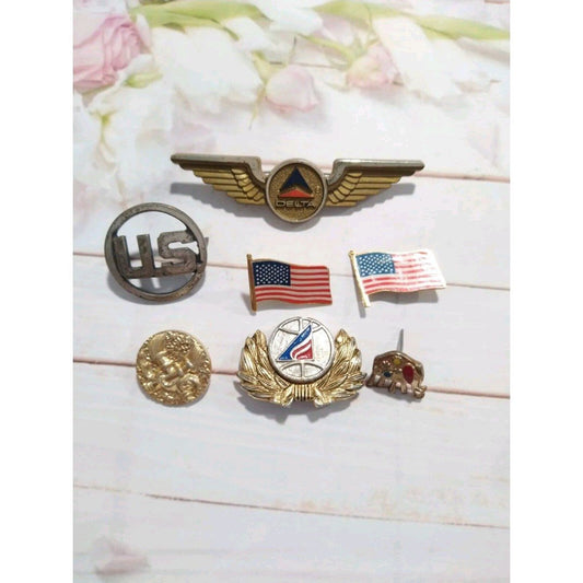 Vintage Mixed Pins Lot Delta Airlines Us Flags 7 Pcs Gold & Silver Tone Enamel