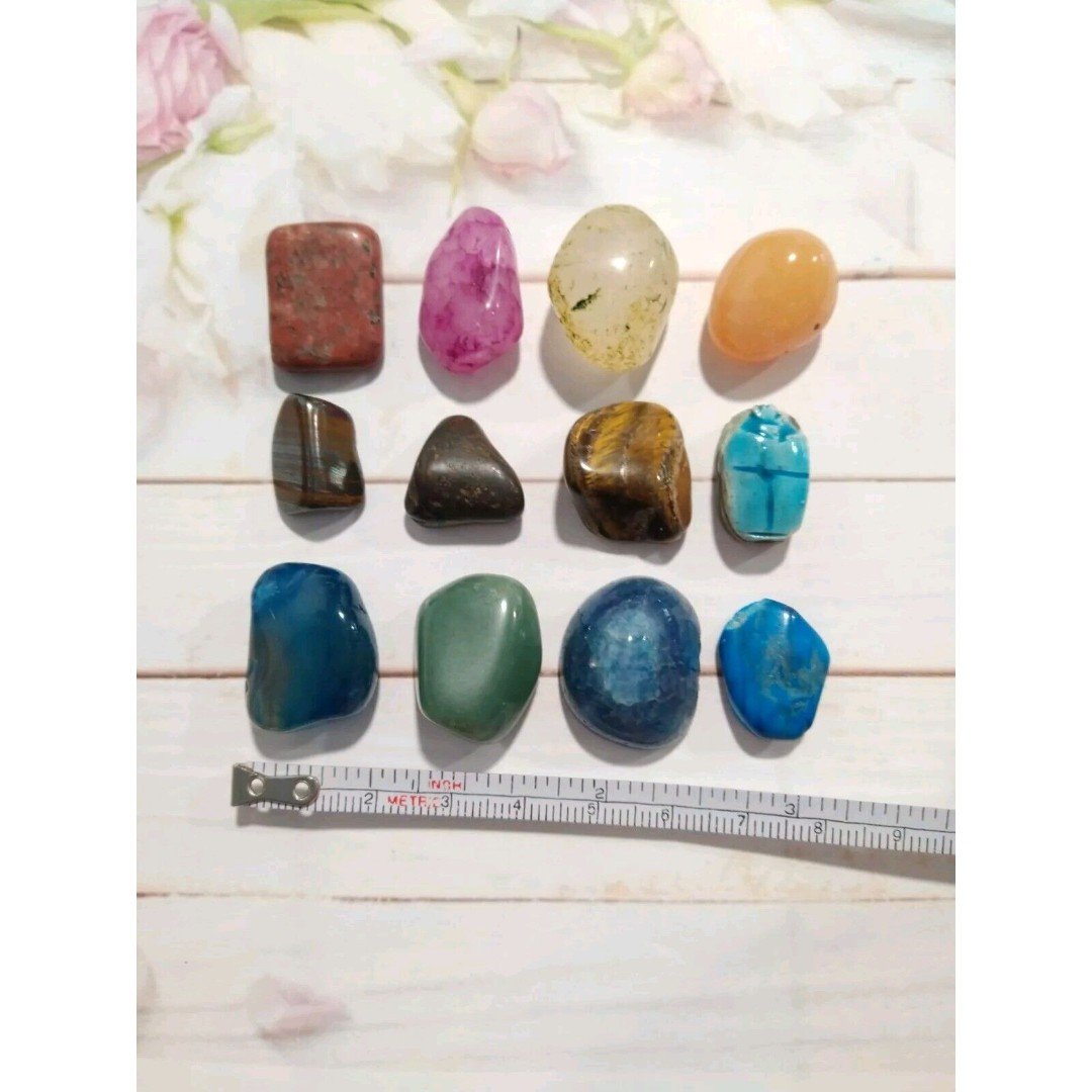 Mixed Lot 12 Semi Precious Raw Stones Tiger Eye Turquoise Beetle Colorful