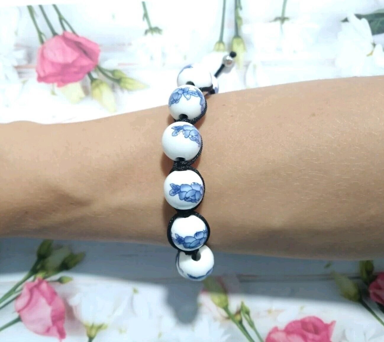 Estate Porcelain Beaded Braided Bracelet Black Cord Blue Flowers Adjustable