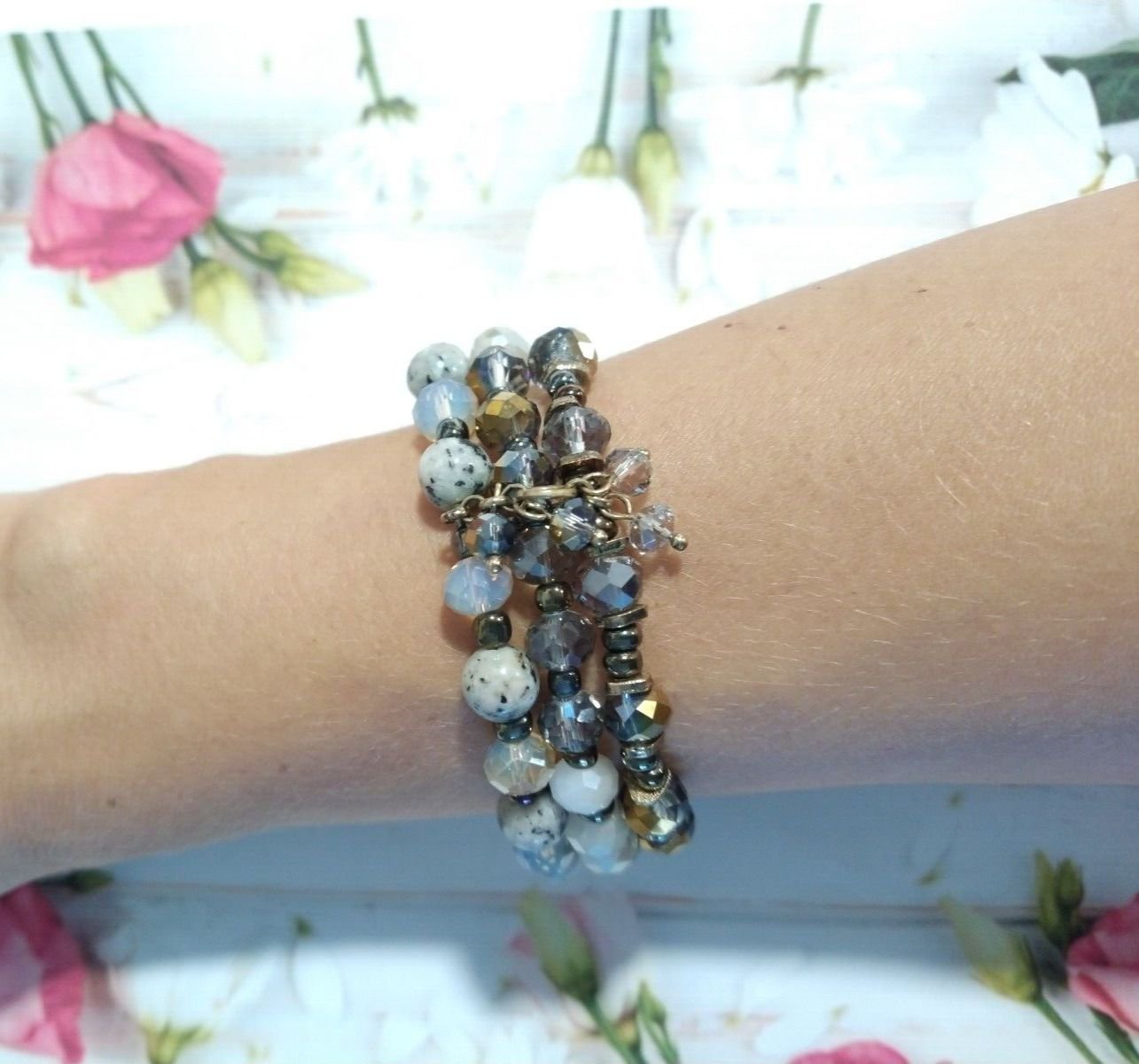 Brown Cream Three Layered Beaded Adjustable Bracelet Stretch