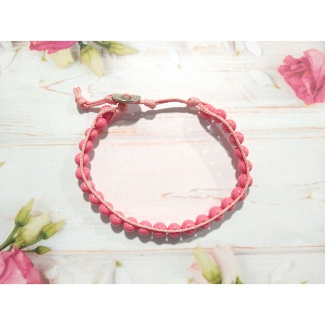 Pink Rose Beads Gemstone Beaded Braided Bracelet Handmade