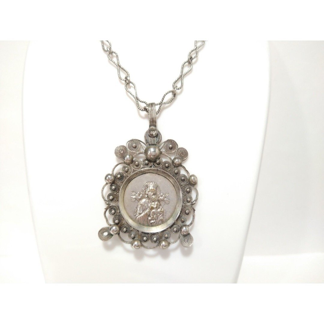 Antique Madonna w Jesus Pendant Medallion Necklace Sterling Religious Victorian