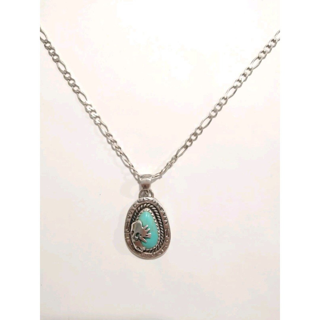 Vtg Native American Sterling Silver Kokopelli Turquoise Pendant Chain Necklace