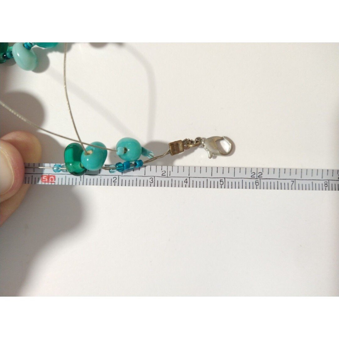 Aqua Blue Green Beaded Layered Necklace & Stud Earrings Set Art Glass Lampwork