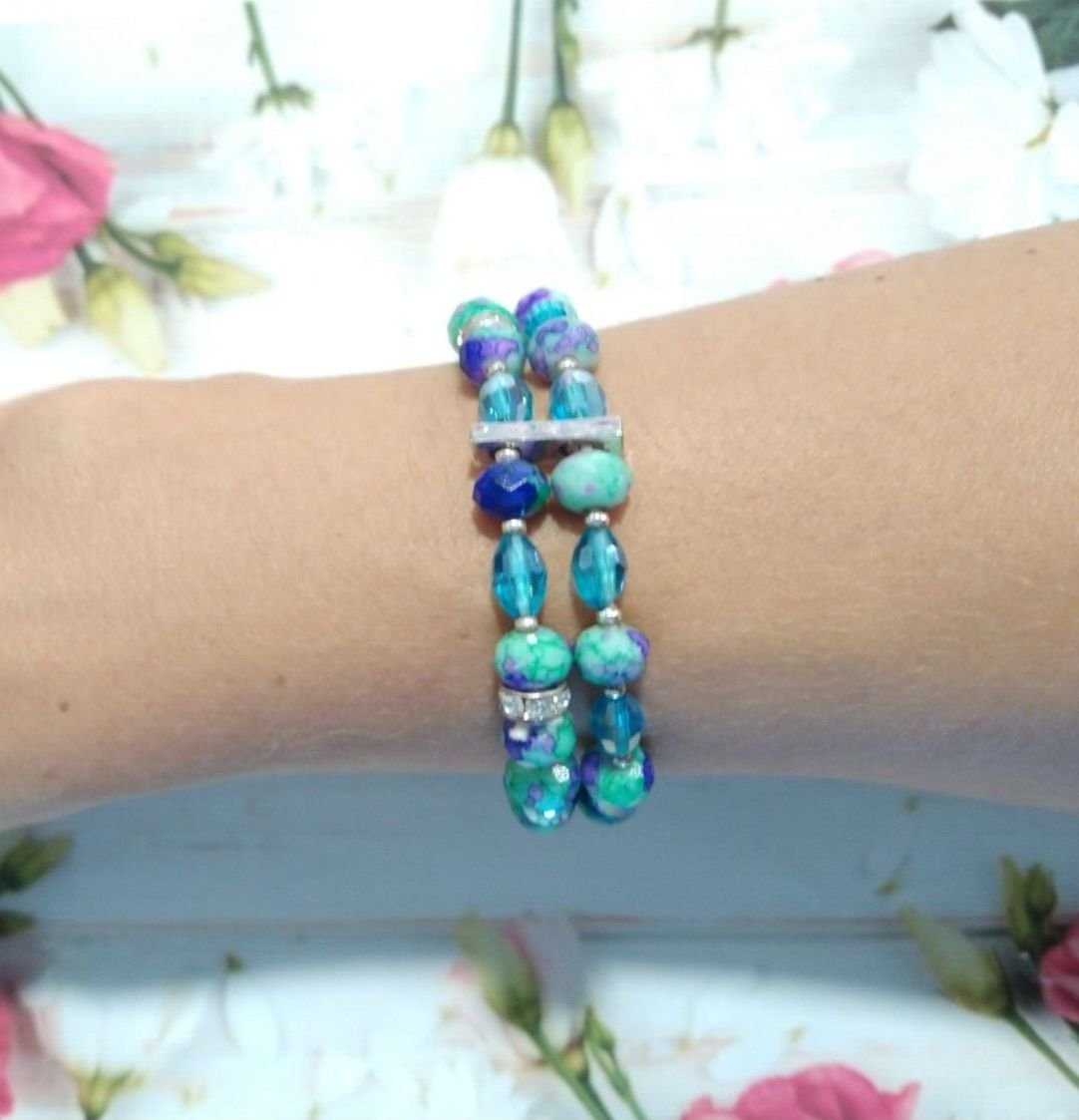 Aqua Blue Purple Beads Two Layered Bracelet Stretch Beaded
