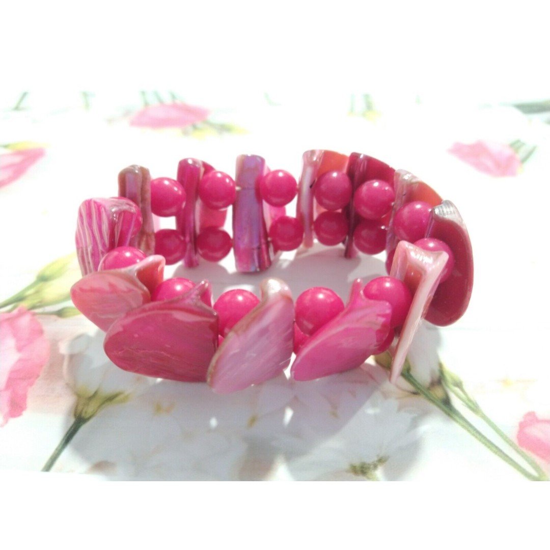 Bohemian Pink Abalone Shell & Bead Stretch Bracelet Beach Coastal
