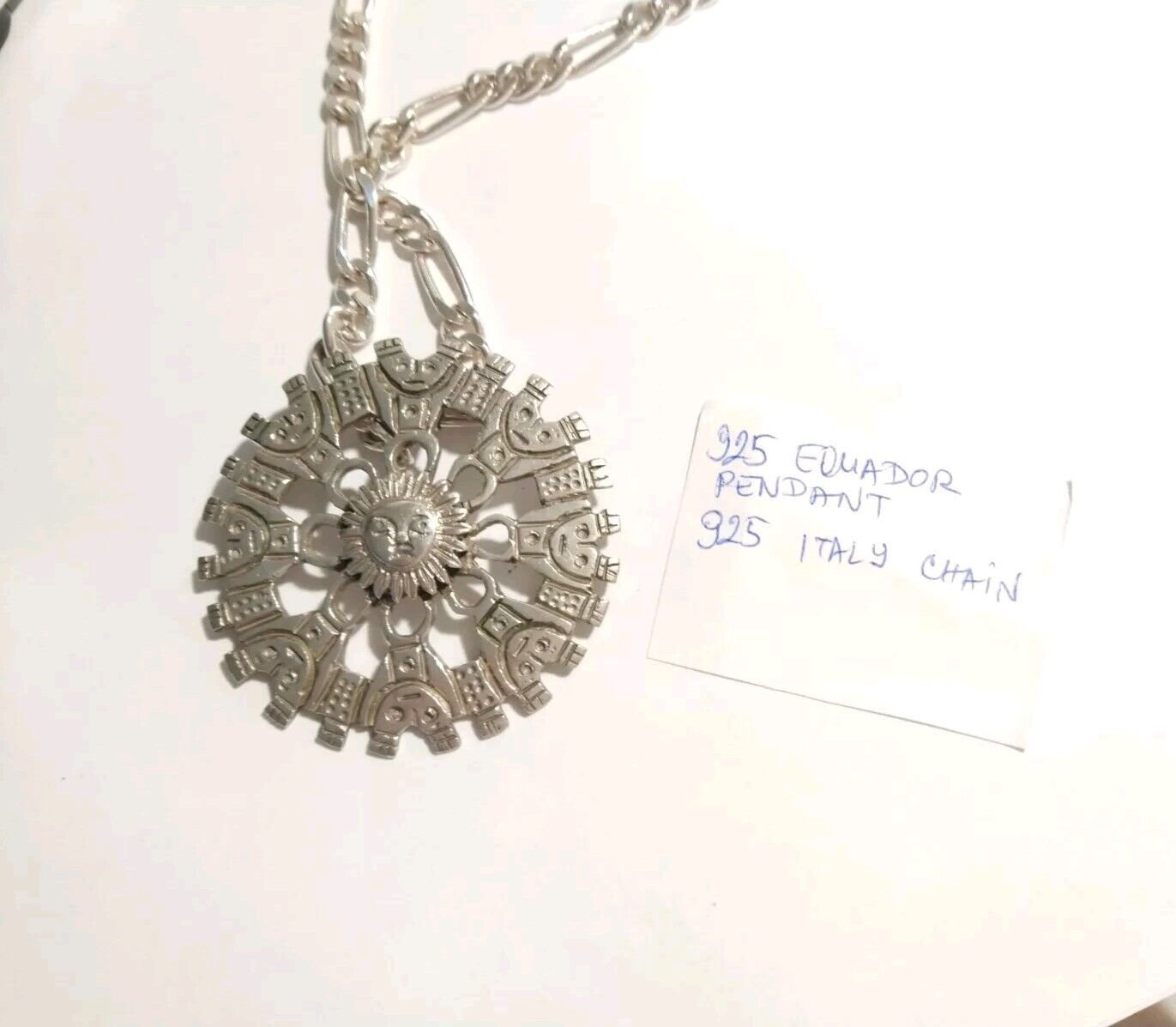 Vtg Solid Large Sun Aztec 925 Sterling Silver Pendant Figaro Necklace Italy