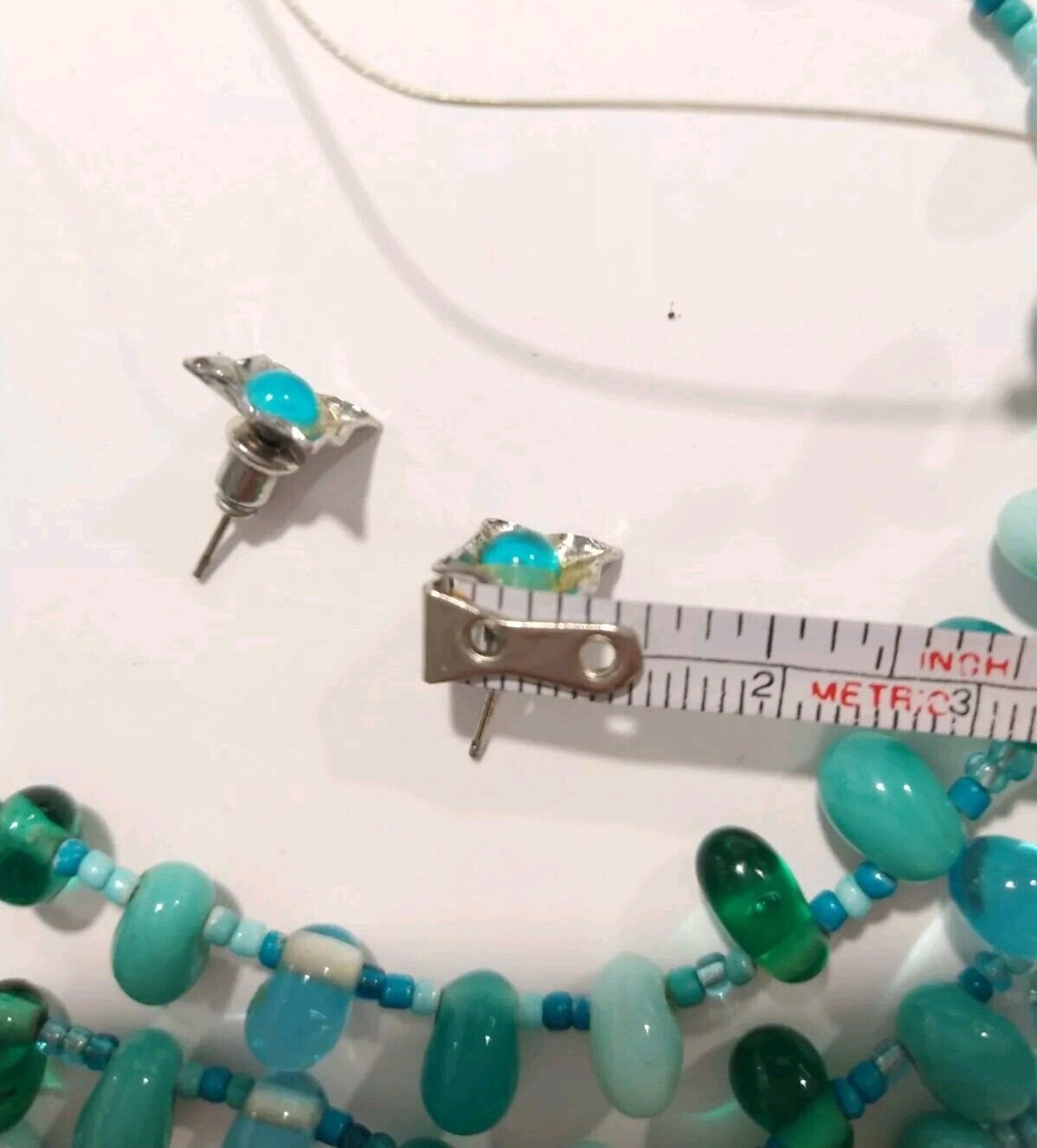 Aqua Blue Green Beaded Layered Necklace & Stud Earrings Set Art Glass Lampwork
