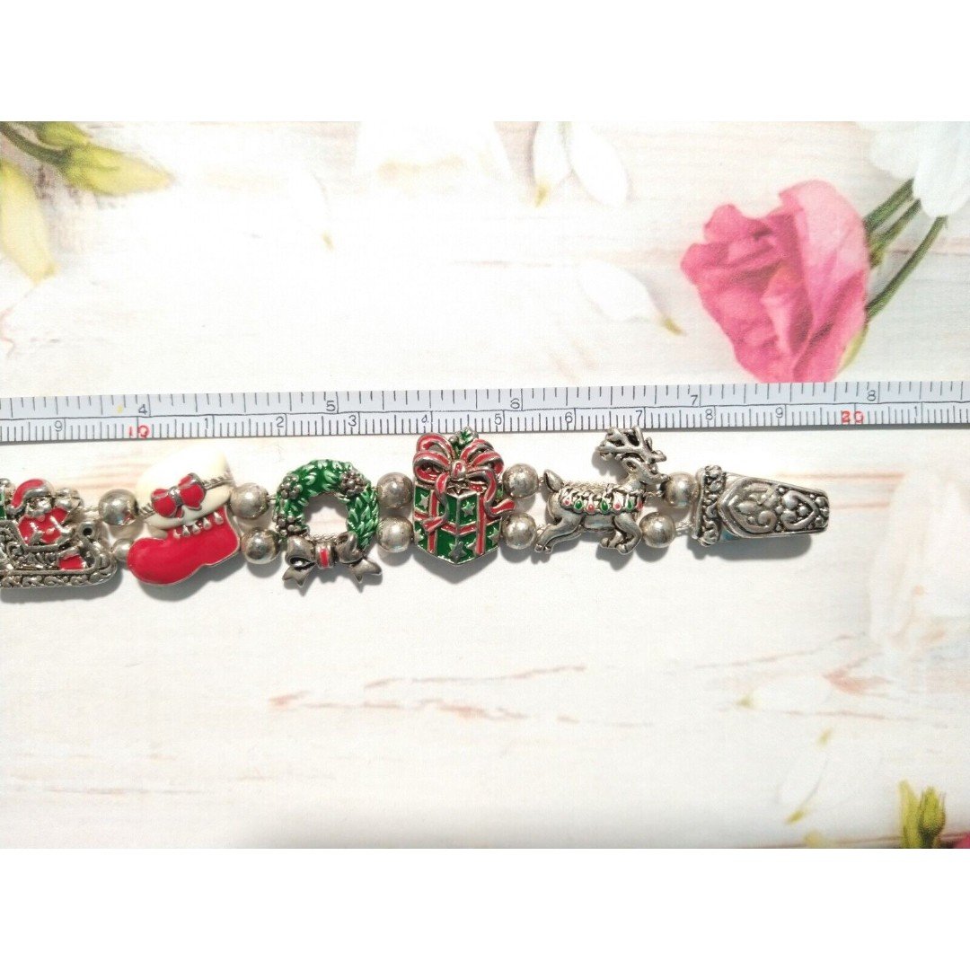 Vtg Enamel Christmas Slide Charm Bracelet Snowman Reindeer Wreath Silver Tone