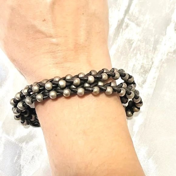 Uno De 50 Silver Beaded Bracelet Unisex Men's Women's Double Dark Brown Leather